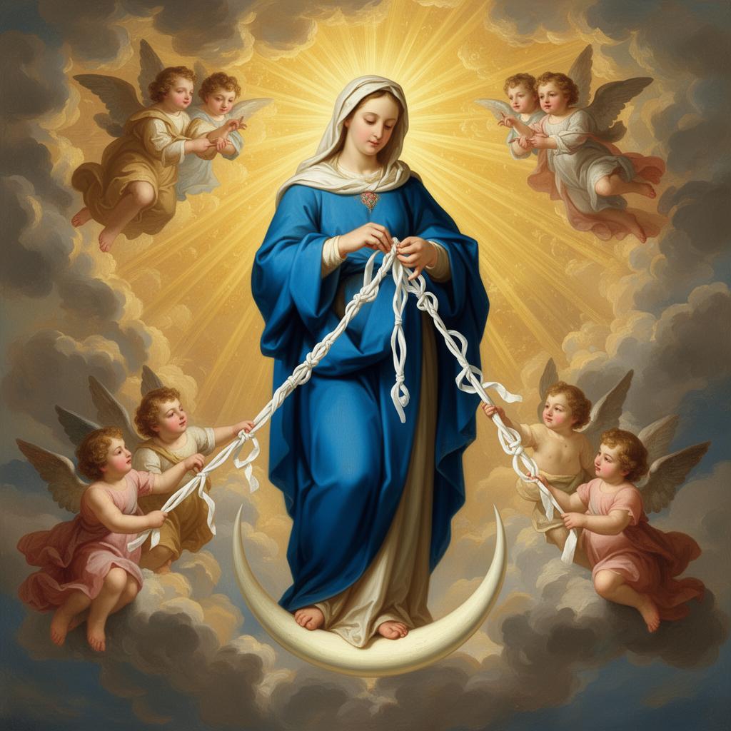 Nuestra Señora Desatadora de Nudos - la Virgen María desatando nudos de una cinta blanca, rodeada de ángeles