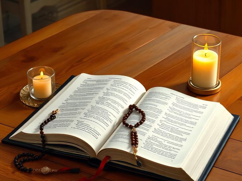 Biblia abierta con rosario y velas - Meditación espiritual